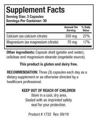 Ca/Mg-Zyme (Ca & Mg) Caps Nutrients Chart