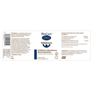 Detailed label for BioCare Children's Strawberry BioAcidophilus showing dosage and probiotic strains