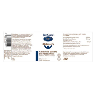 Product label for BioCare Children's Banana BioAcidophilus including ingredient list and storage info.