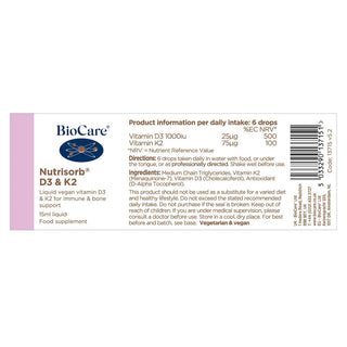 Detailed view and supplement facts product information of Nutrisorb D3 & K2 liquid drops.