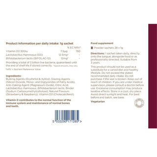 Back of a supplement package with product information, ingredients, and directions. children's-red-berry-biomelts