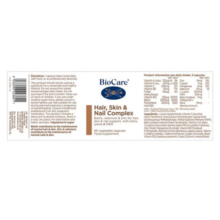 Back label of BioCare Hair, Skin & Nail Complex showing ingredients and daily dosage.