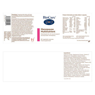 Back label of BioCare Menopause Multinutrient supplement 