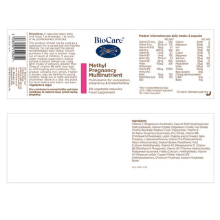 BioCare Methyl Pregnancy Multinutrient supplement label with directions and ingredients listed.