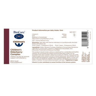 Nutritional breakdown of BioCare Children's Elderberry Complex showing elderberry and zinc content.