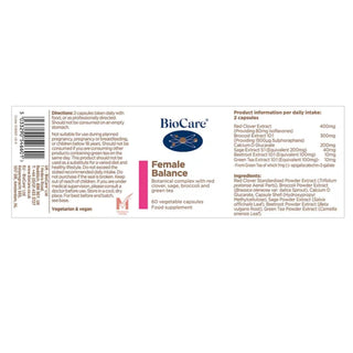 BioCare Female Balance supplement label with directions and product information.