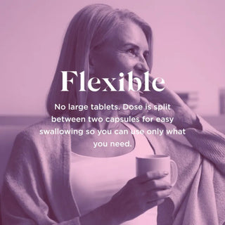 Woman holding a cup with text about flexible dosing options