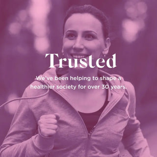 Woman running with text 'Trusted' and 'We've been helping to shape a healthier society for over 30 years