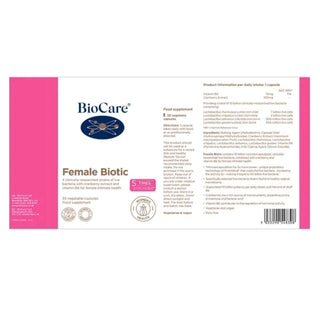 Ingredient and dosage label for BioCare Female Biotic supplement.