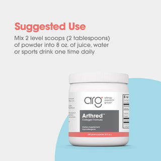 Arthred Collagen suggested use instructions mix 2 level scoops daily into juice water or sports drink