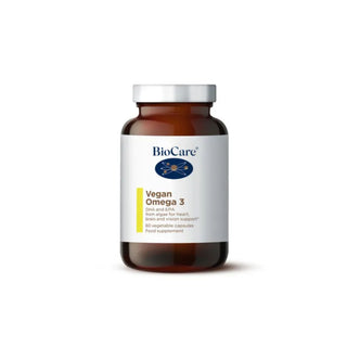 BioCare Vegan Omega-3 capsules derived from algae for heart, brain, and eye health.