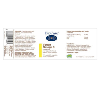 Product label for BioCare Vegan Omega-3 highlighting sustainable algae source and dosage.
