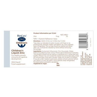 BioCare Children's Liquid Zinc label showing easy-to-dose instructions and nutritional facts.