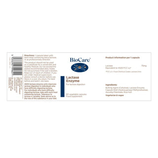 Detailed label for BioCare Lactase Enzyme capsules with high-potency enzyme information.