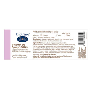 Detailed views of BioCare Vitamin D3 Spray label highlighting spray dosage.