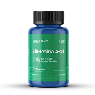 Supplement bottle labeled 'BioRetina A-11' Eye Tissues Peptide Complex
