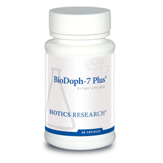 Biotics Research BioDoph-7 Plus dietary supplement bottle Image on a white background. Special blend od 1 prebiotics and 7 probiotics and extensively tested to provide more than 20 billion organisms at time of manufacture. Available only at FMIhealth.