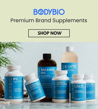 Premium BodyBio supplements including PC phosphatidylcholine liposomal glutathione balance oil and electrolytes for brain and heart health