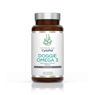 Front view of CytoPet Doggie Omega 3 1000mg high potency fish oil supplement bottle for dogs.