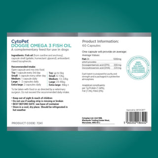 CytoPet Doggie Omega 3 product label with ingredients, intake guide by dog weight, and nutritional values.