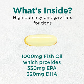 Nutritional breakdown per capsule of CytoPet Doggie Omega 3 showing 330mg EPA and 220mg DHA.