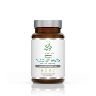 Plaque Away X 60g Vegan Granules front pack image showing Cytoplan CytoPet Organic Plaque Away bottle for cats and dogs

