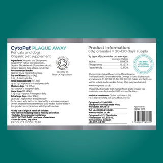 Plaque Away X 60g Vegan Granules back label showing ingredients, product information, analytical values, and feeding directions