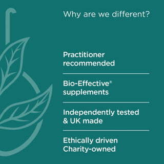 Plaque Away X 60g Vegan Granules graphic titled "Why are we different?" with text about practitioner recommended, bio-effective supplements, independently tested and UK made, and ethically driven charity-owned