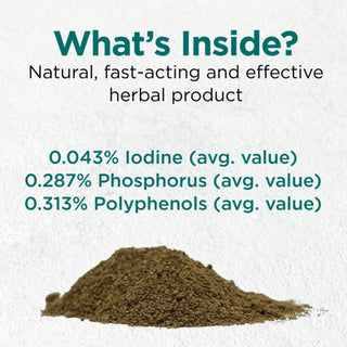Plaque Away X 60g Vegan Granules graphic titled "What's Inside?" showing a pile of powder and listed average values for iodine, phosphorus, and polyphenols