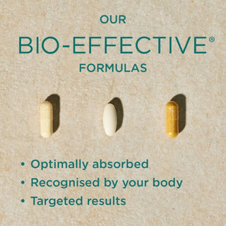 Plaque Away X 60g Vegan Granules graphic titled "Our Bio-Effective Formulas" with three capsules and bullet points about absorption, recognition, and targeted results