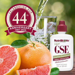 Nutribiotic GSE bottle with grapefruit and orange, celebrating 44th anniversary fmihealth
