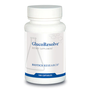 GlucoResolve dietary supplement bottle , 180 capsules - by Biotics Research on a white background used as a support for blood sugar levels regulation and weight management.  