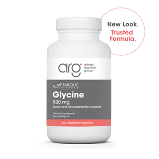 Metabolic Maintenance Glycine 500mg bottle, 240 vegetarian capsules, Allergy Research Group brand.