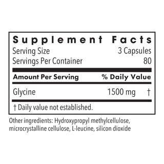 Supplement facts label for Glycine capsules showing 1500mg per 3-capsule serving and list of other ingredients.