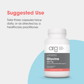 Suggested use infographic for Glycine 500 MG: Take three capsules twice daily or as directed by a healthcare practitioner.