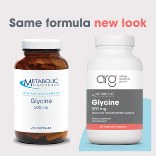 Comparison image showing the transition from the old amber glass bottle to the new white plastic bottle design of Metabolic Glycine 500 MG.