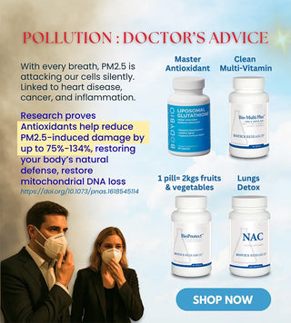 PM2.5 pollution defense supplements at FMI Health - NAC antioxidant liposomal glutathione and multivitamin to reduce pollution damage.