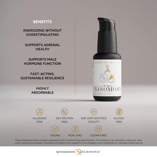 Quicksilver Scientific NanoMojo liposomal adaptogen bottle listing benefits energizing without overstimulation, adrenal health, male hormone support, NSF-certified, gluten/soy-free
