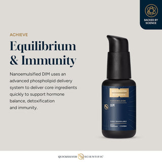 Quicksilver Scientific DIM bottle with text about equilibrium, immunity, and hormone balance 