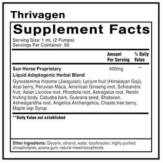 Supplement facts label for Thrivagen product with ingredients listed.