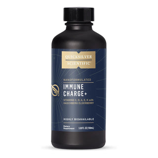 Black supplement bottle labeled 'Quicksilver Scientific Immune Charge+' on a white background