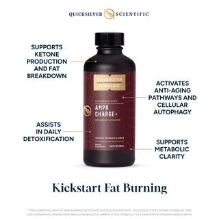 Quicksilver Scientific AMPK Charge+ supplement bottle with features listed on a white background Kickstart Fat Burning