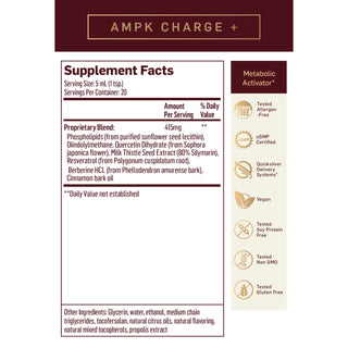 Supplement facts label for AMPK Charge+ on a white background