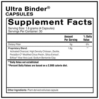 Supplement facts label for Ultra Binder Capsules with black text on a white background


