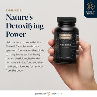 Hand holding a bottle of Ultra Binder Capsules with promotional text on a light gray background


