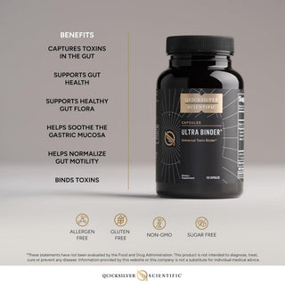 Quicksilver Scientific Ultra Binder supplement bottle with benefits listed on a gray background

