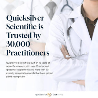 Advertisement for Quicksilver Scientific with a doctor in a white coat and stethoscope, text about trust and research.

