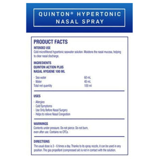 Quinton hypertonic nasal spray label with product facts on a white background