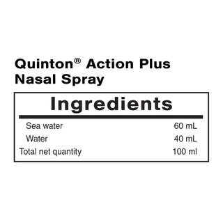 Label for Quinton Action Plus Nasal Spray showing ingredients and quantities
