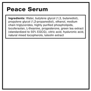 List of ingredients for a product 'Peace Serum' on a white background.